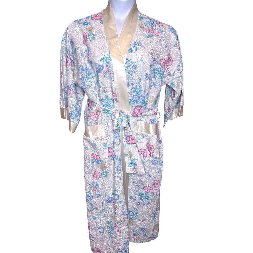 VTG APPEL Women Pastel Multicolor Floral Kimono Robe Sz L Satin Trim Shabby Chic